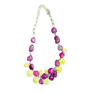 Chunky Stone Statement Necklace Purple Green Gemstone Silver Tone Chain Boho‎